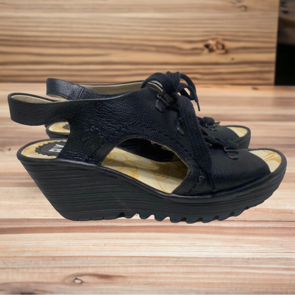 Fly London Black Wedge Sandals